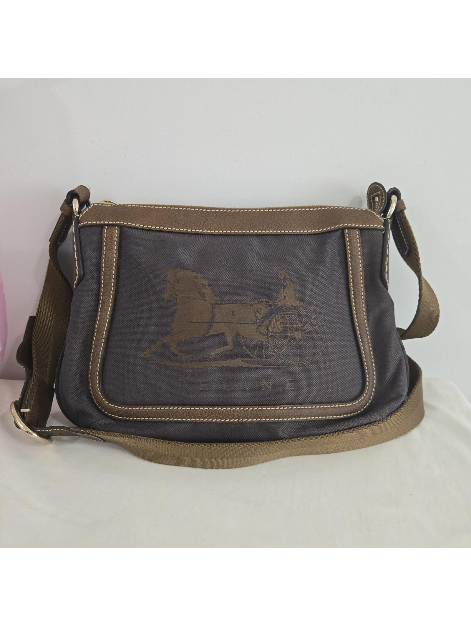 Vintage Celine Canvas Leather Trim Shoulder Bag Horse Carriage Logo Gray Brown